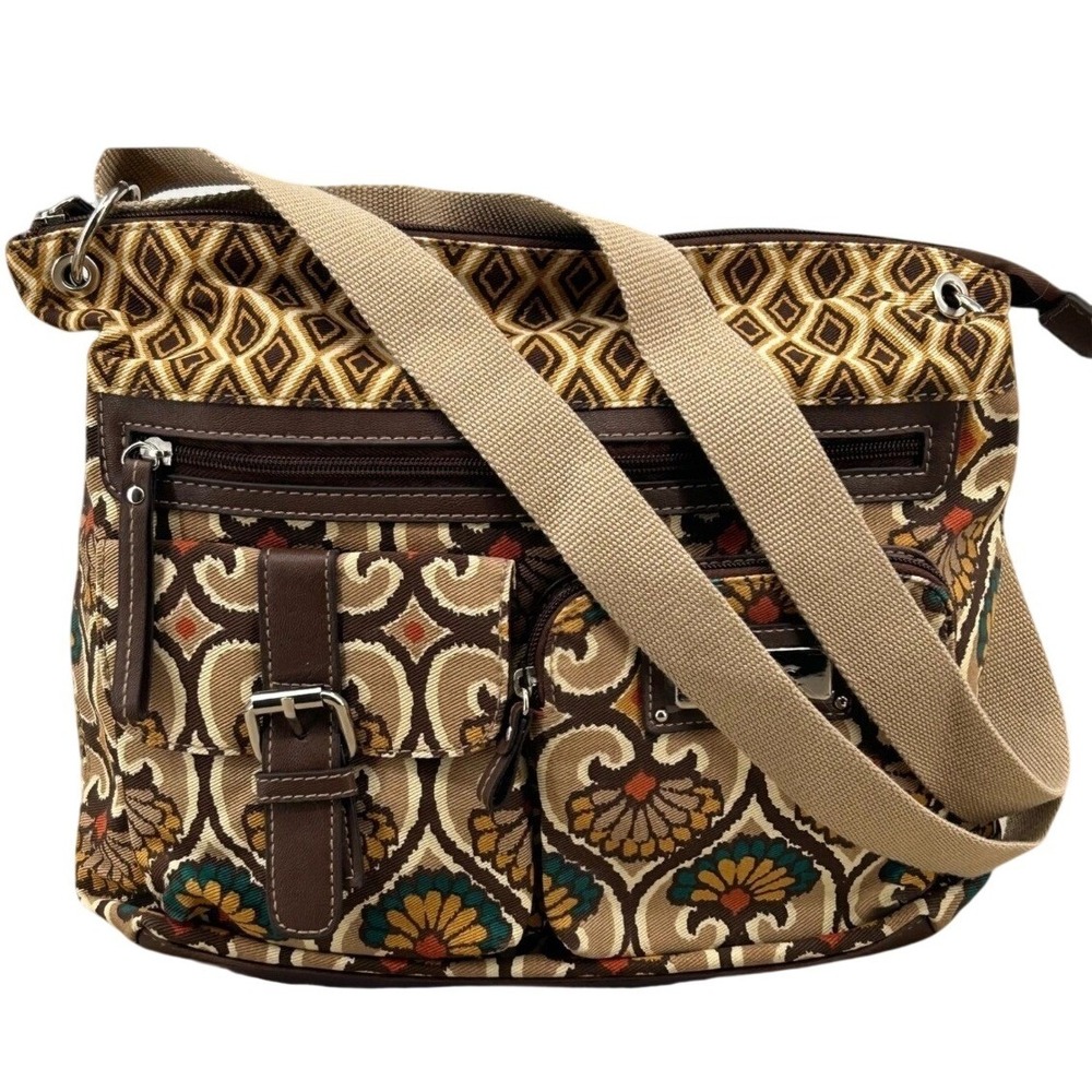 Womens Boho Tapestry Crossbody Bag Brown Floral Geometric Multi-Pocket Relic